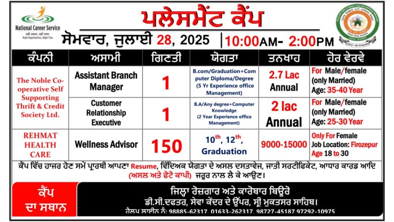 ਜ਼ਿਲ੍ਹਾ ਰੋਜ਼ਗਾਰ ਅਤੇ ਕਾਰੋਬਾਰ ਬਿਊਰੋ ਵਿਖੇ 28 ਜੁਲਾਈ ਨੂੰ ਲਗਾਇਆ ਜਾ ਰਿਹਾ ਹੈ ਪਲੇਸਮੈਂਟ ਕੈਂਪ