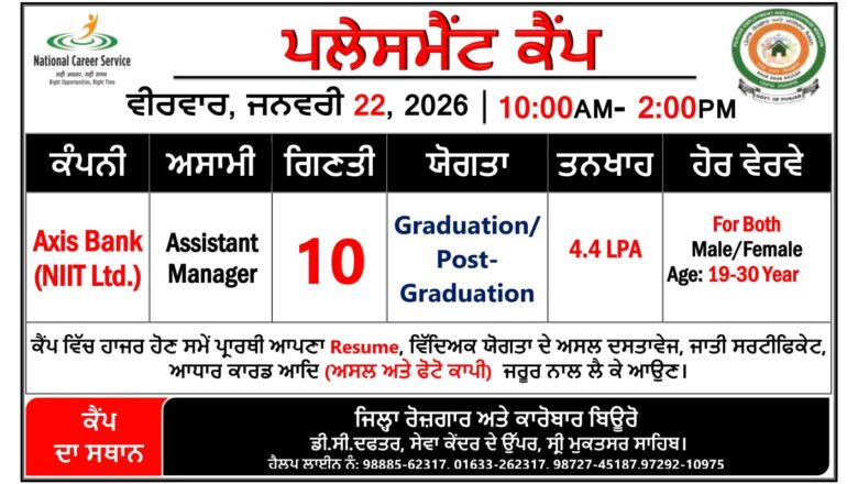 ਜ਼ਿਲ੍ਹਾ ਰੋਜ਼ਗਾਰ ਅਤੇ ਕਾਰੋਬਾਰ ਬਿਊਰੋ ਵਿਖੇ 22 ਜਨਵਰੀ ਨੂੰ ਲਗਾਇਆ ਜਾ ਰਿਹਾ ਹੈ ਪਲੇਸਮੈਂਟ ਕੈਂਪ